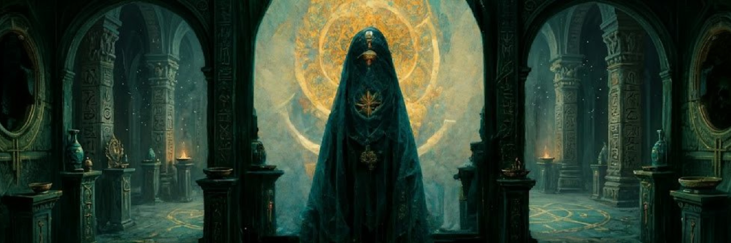 Dark temple with hooded figure - Singulatarian cult imagery